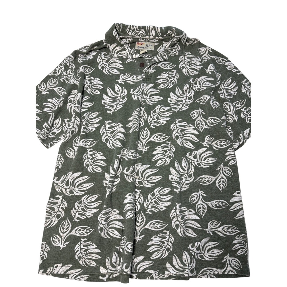 Crazy Shirts Large Hawaiian Polo Mens Green Leaf Print Cotton Hawaii